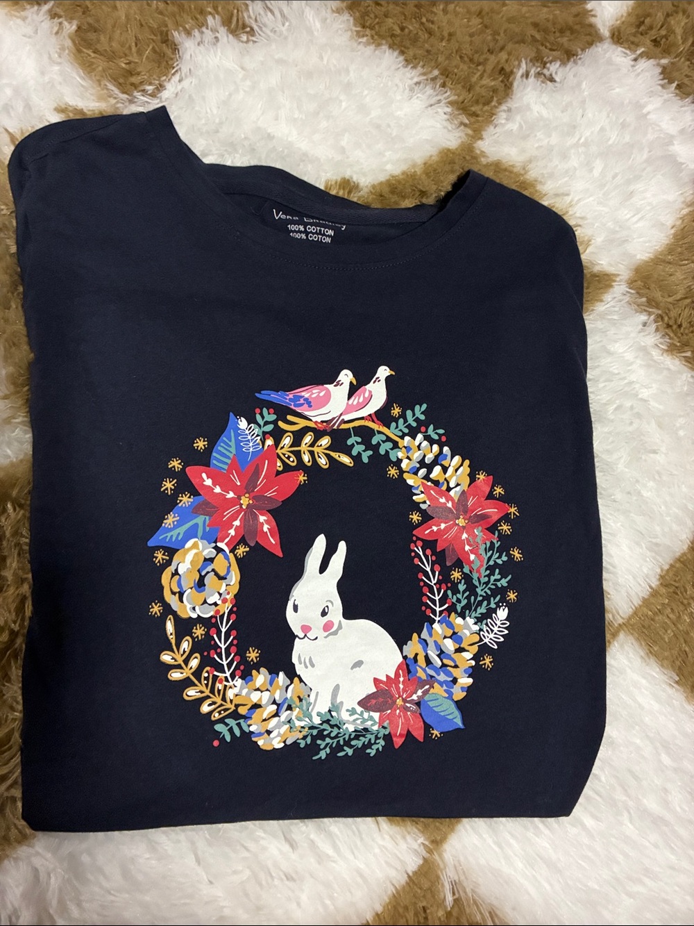 Vera Bradley Navy Tee with White Bunny and Colorful Floral Wreath
